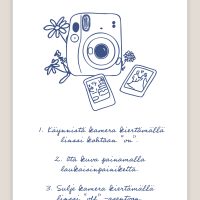 romanttinen viivapiirros kyltti polaroidkameran ohje, häiden opaste, polaroid kameralle