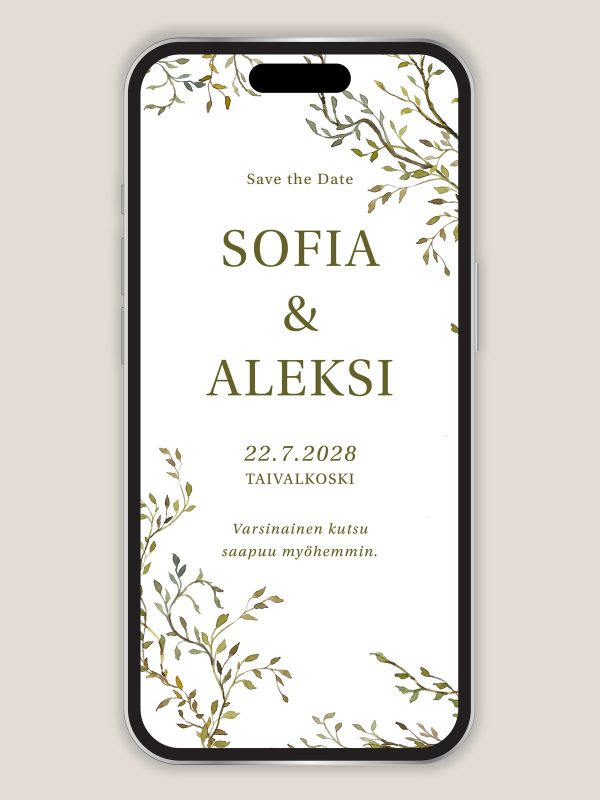 Save the Date köynnös vesivärilehdillä puhelimeen, varaa päivä kutsu