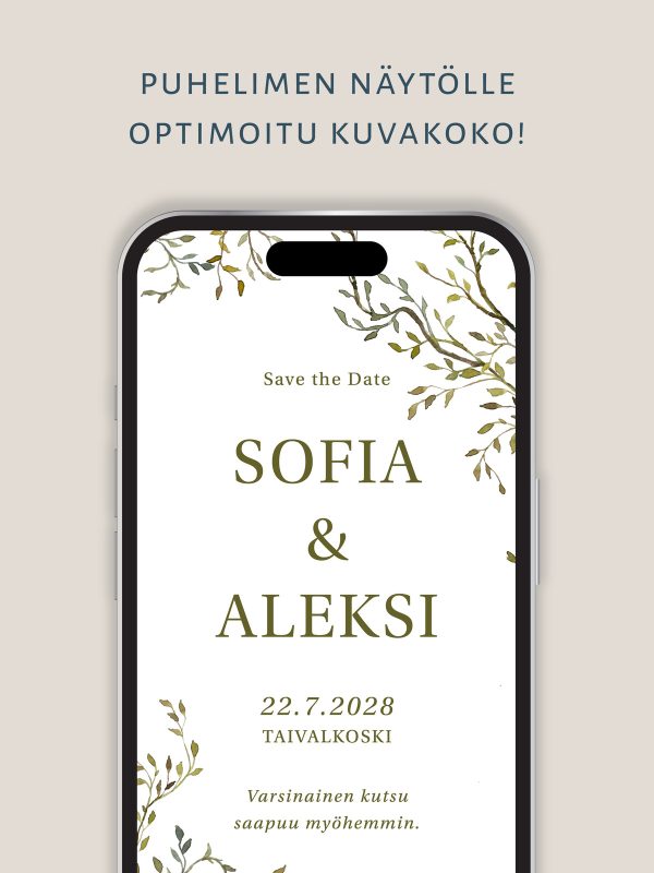 Save the Date köynnös puhelimeen optimoitu kuva vesivärikuvituksella