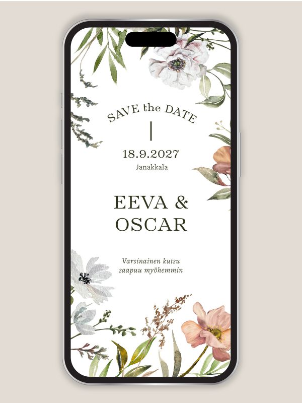 Digitaalinen Save the Date puutarha, hääkutsu kukilla puutarhahäät