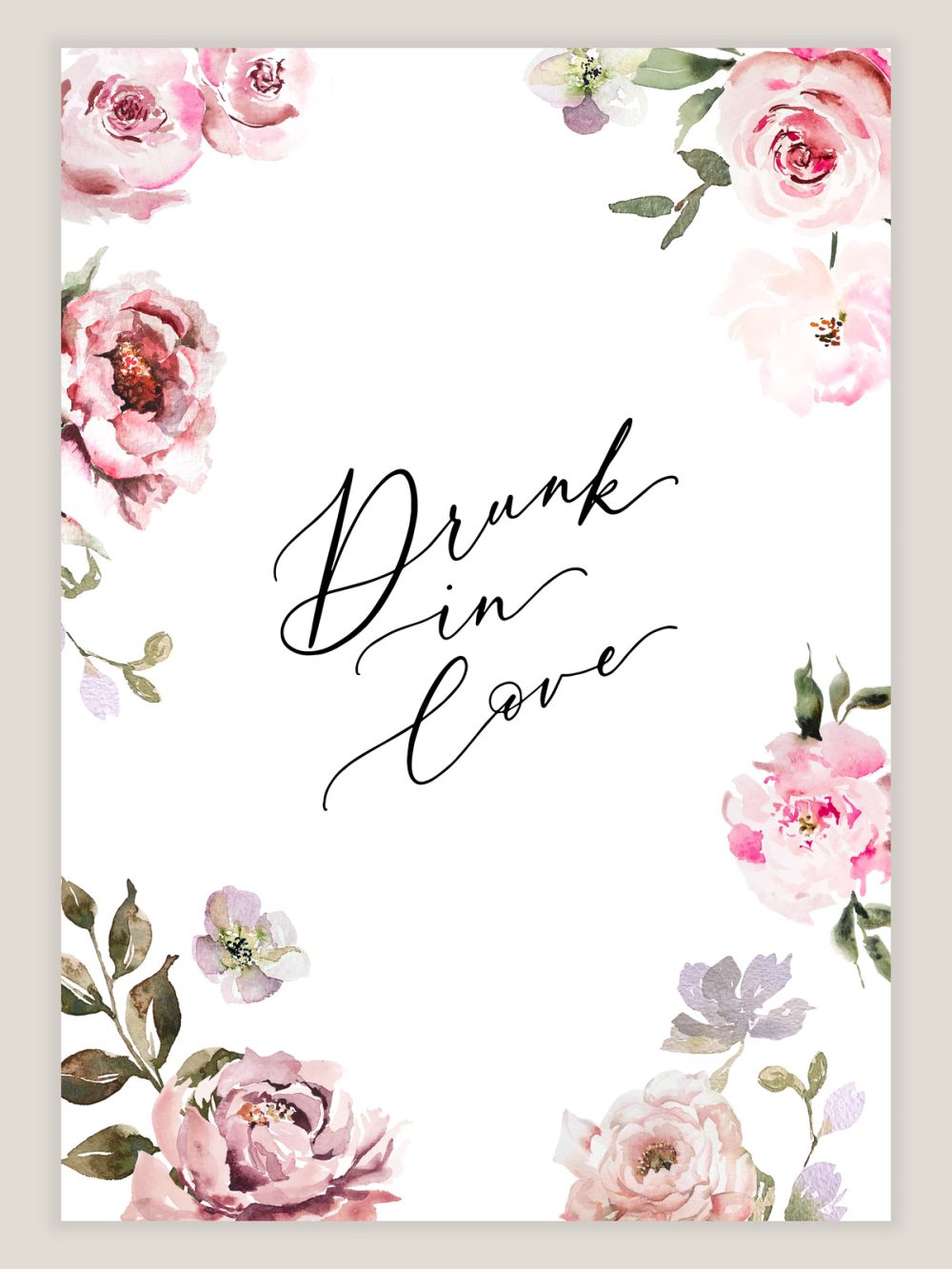 vaaleanpunaiset kukat drunk in love, herkät vesivärikukat hääkyltti