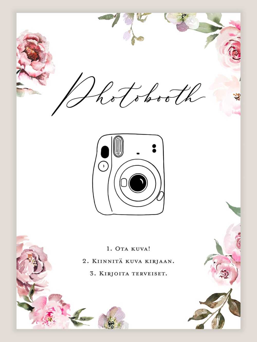 vaaleanpunaiset kukat photobooth ohjekyltti häihin
