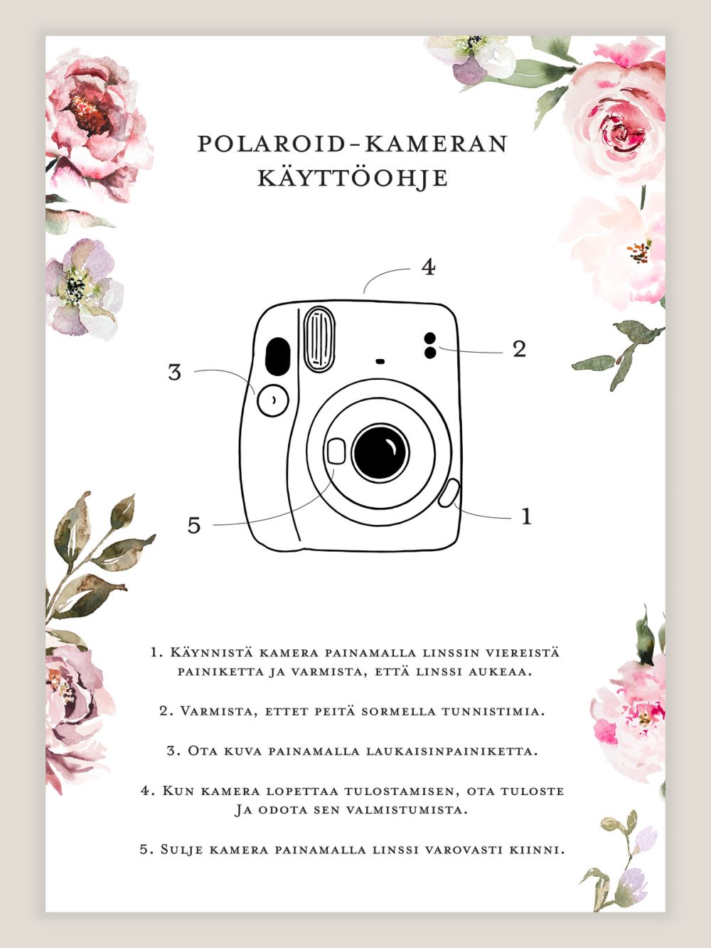 vaaleanpunaiset kukat polaroidkameran ohjekyltti häihin