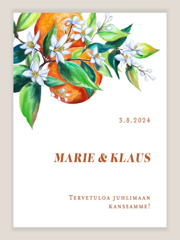 Appelsiinit tervetuloa kyltti, raikas hääkyltti hedelmillä