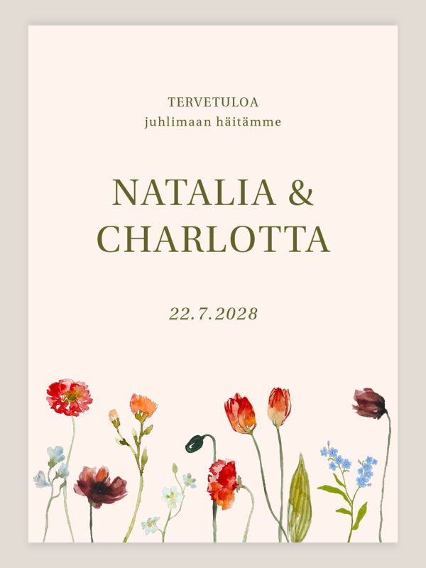 niittykukat-tervetuloa-kyltti-2 Niittykukat tervetuloa kyltti häihin, hääkyltti villikukka vesivärikukka teemalla