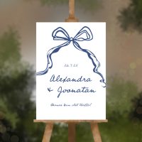 Romanttinen viivapiirros tervetuloa kyltti rusetilla, sininen moderni häätrendi