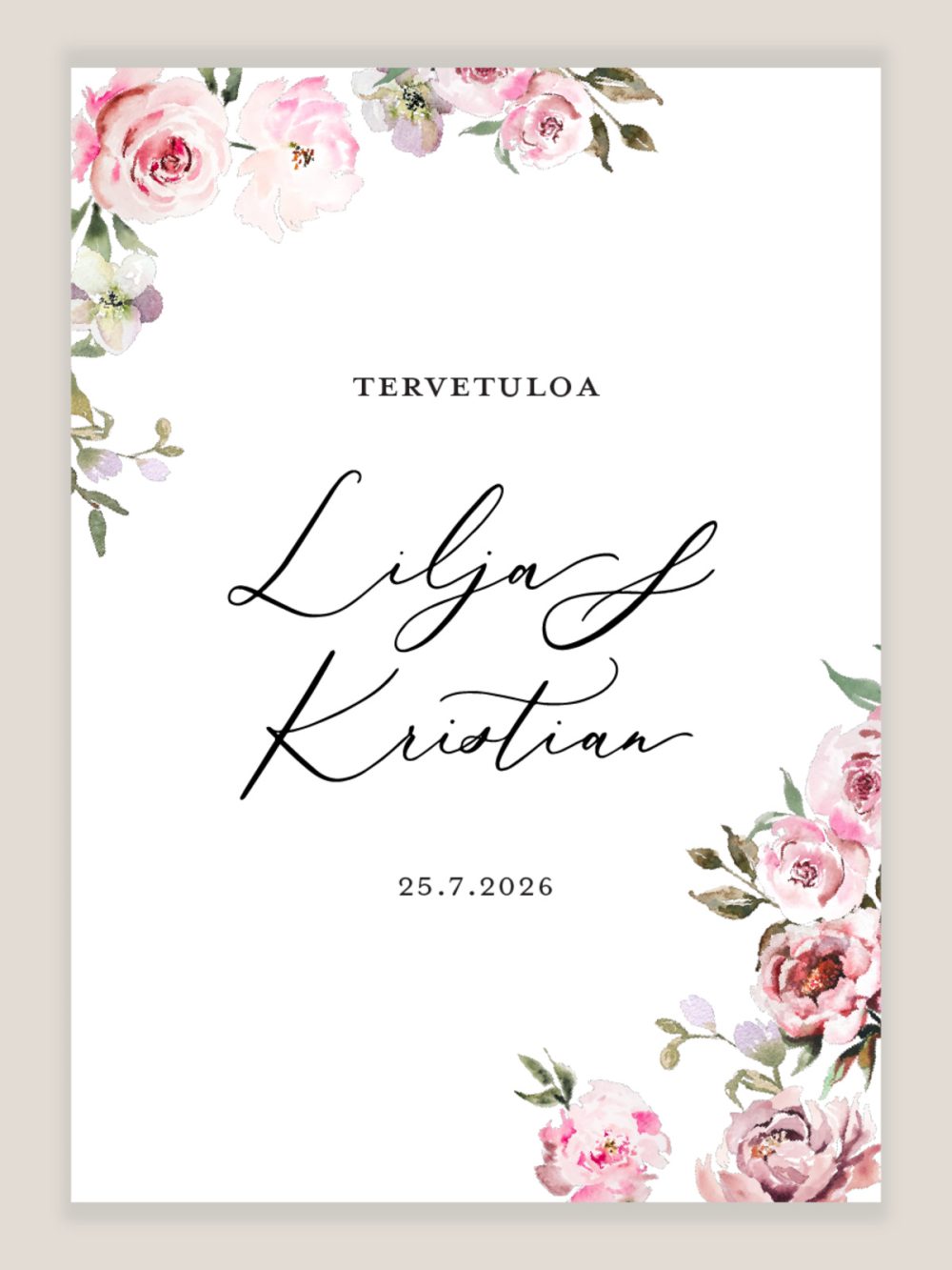 vaaleanpunaiset-kukat-tervetuloa-kyltti-2 Vaaleanpunaiset kukat tervetuloa kyltti häihin romanttisilla vesivärikukilla