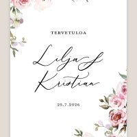 Vaaleanpunaiset kukat tervetuloa kyltti häihin romanttisilla vesivärikukilla