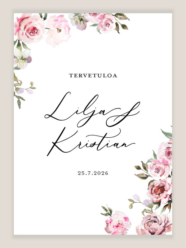 Vaaleanpunaiset kukat tervetuloa kyltti häihin romanttisilla vesivärikukilla