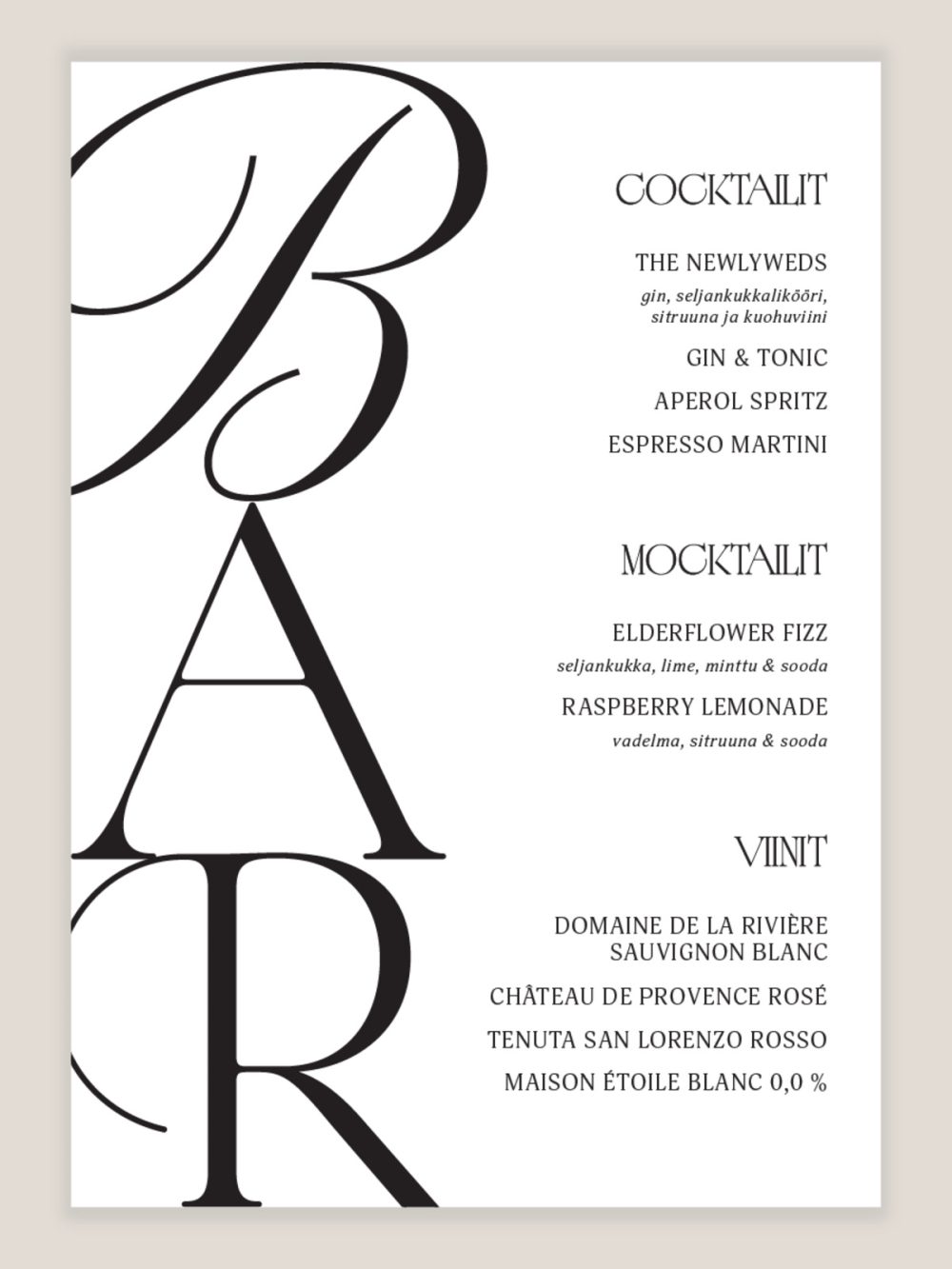 ajaton-baarin-menu-kyltti-2 Ajaton baarin menu kyltti, kyltti hääjuhlan baariin, moderni minimalistinen häätrendi