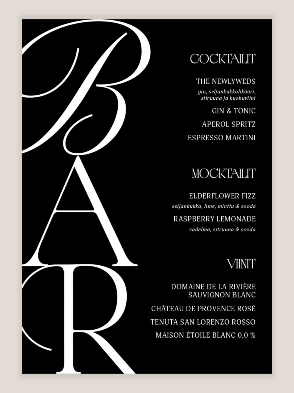 ajaton-baarin-menu-kyltti-musta-2 Ajaton Musta baarin menu kyltti, kyltti hääjuhlan baariin, moderni minimalistinen häätrendi