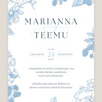 Hääkutsu vaaleansininen kukka herkällä viivapiirroksella romanttisiin häihin, sininen häätrendi kutsukortti