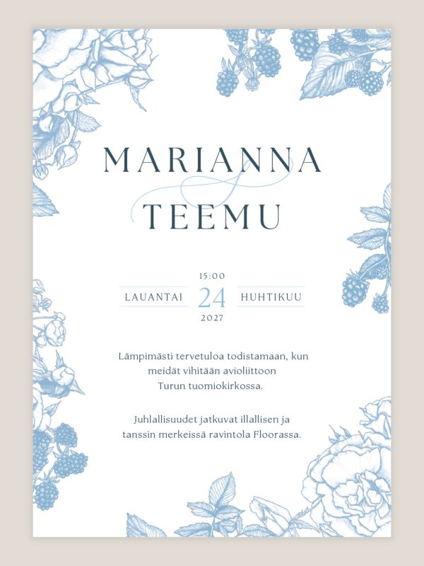 Hääkutsu vaaleansininen kukka herkällä viivapiirroksella romanttisiin häihin, sininen häätrendi kutsukortti