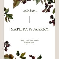 Karhunvatukka tervetuloa kyltti häihin, opastekyltti hääjuhlaan karhunvatukkamaalauksella