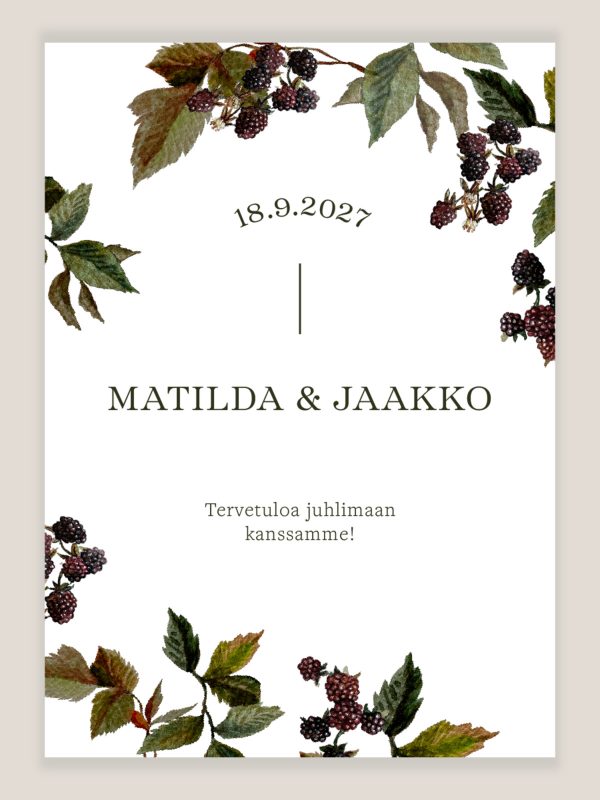 Karhunvatukka tervetuloa kyltti häihin, opastekyltti hääjuhlaan karhunvatukkamaalauksella