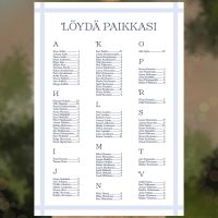 Raidallinen sininen istumajärjestys, pöytäkartta vieraille häihin, hääjuhlan opastekyltti
