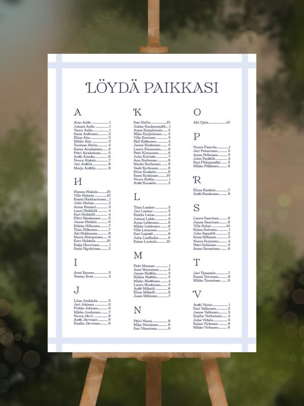 Raidallinen sininen istumajärjestys, pöytäkartta vieraille häihin, hääjuhlan opastekyltti