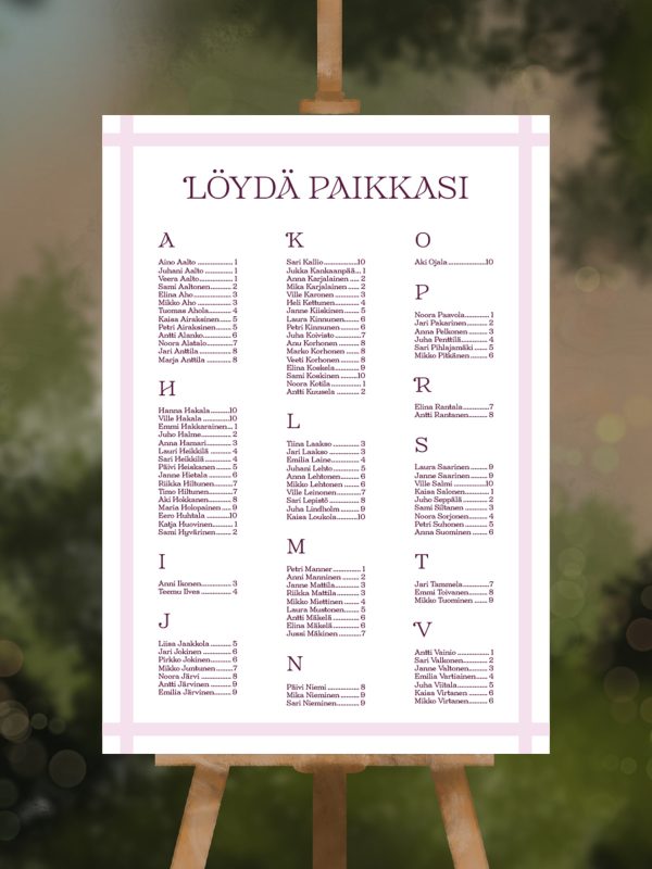 Raidallinen vaaleanpunainen istumajärjestys, pöytäkartta vieraille hääjuhlaan, häiden kyltti
