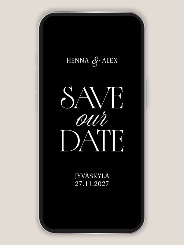 Digitaalinen save our date musta ajaton moderni, tyylikäs tumma hääkutsu