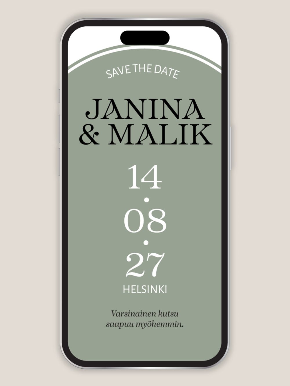 Digitaalinen save the date moderni kaari, minimalistinen varaa päivä kutsu vihreä