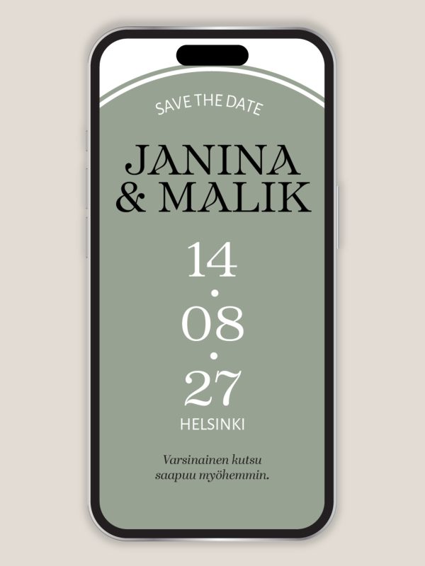 Digitaalinen save the date moderni kaari, minimalistinen varaa päivä kutsu vihreä