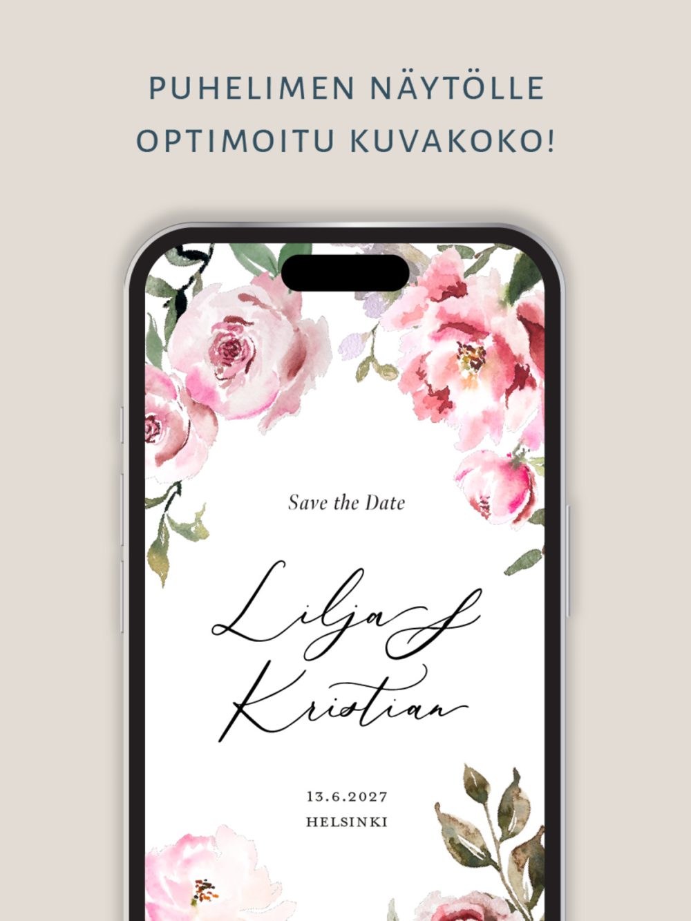 save-the-date-vaaleanpunaiset-kukat-puhelimeen Save the Date vaaleanpunaiset kukat, herkkä varaa päivä kutsu häihin vesivärikukilla